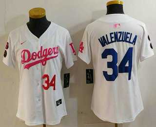 Womens Los Angeles Dodgers #34 Toro Valenzuela Number White Pink With Patch Limited Stitched Jersey